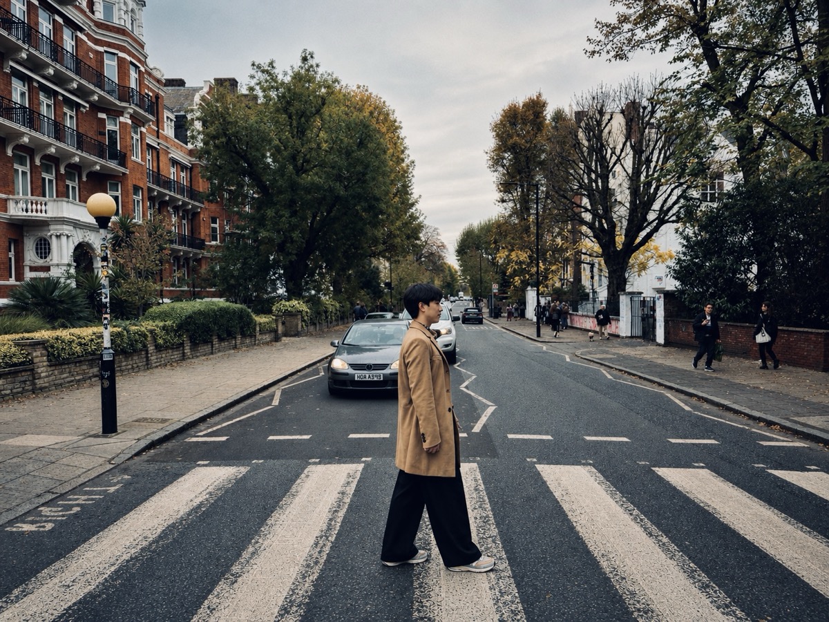 Shuchen Sun crossing Abbey Road in London