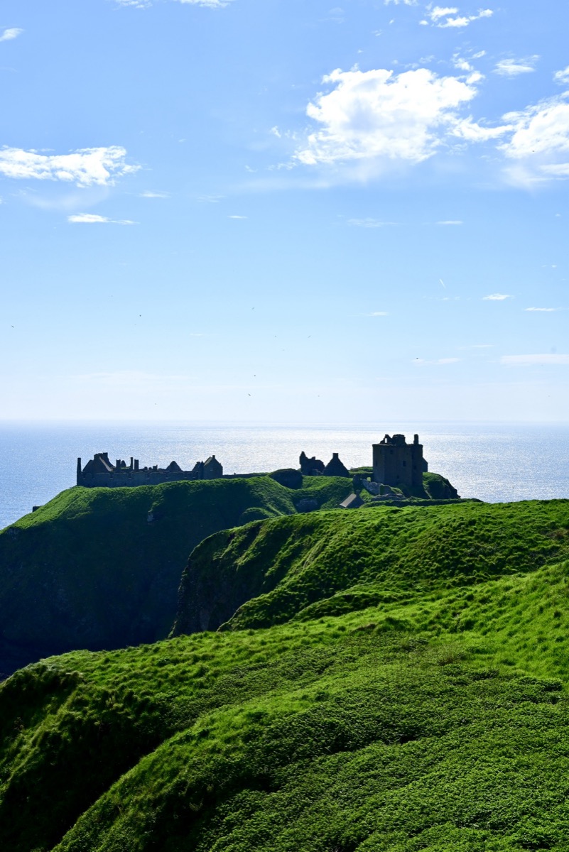 Coastal castle ruins on green cliffs