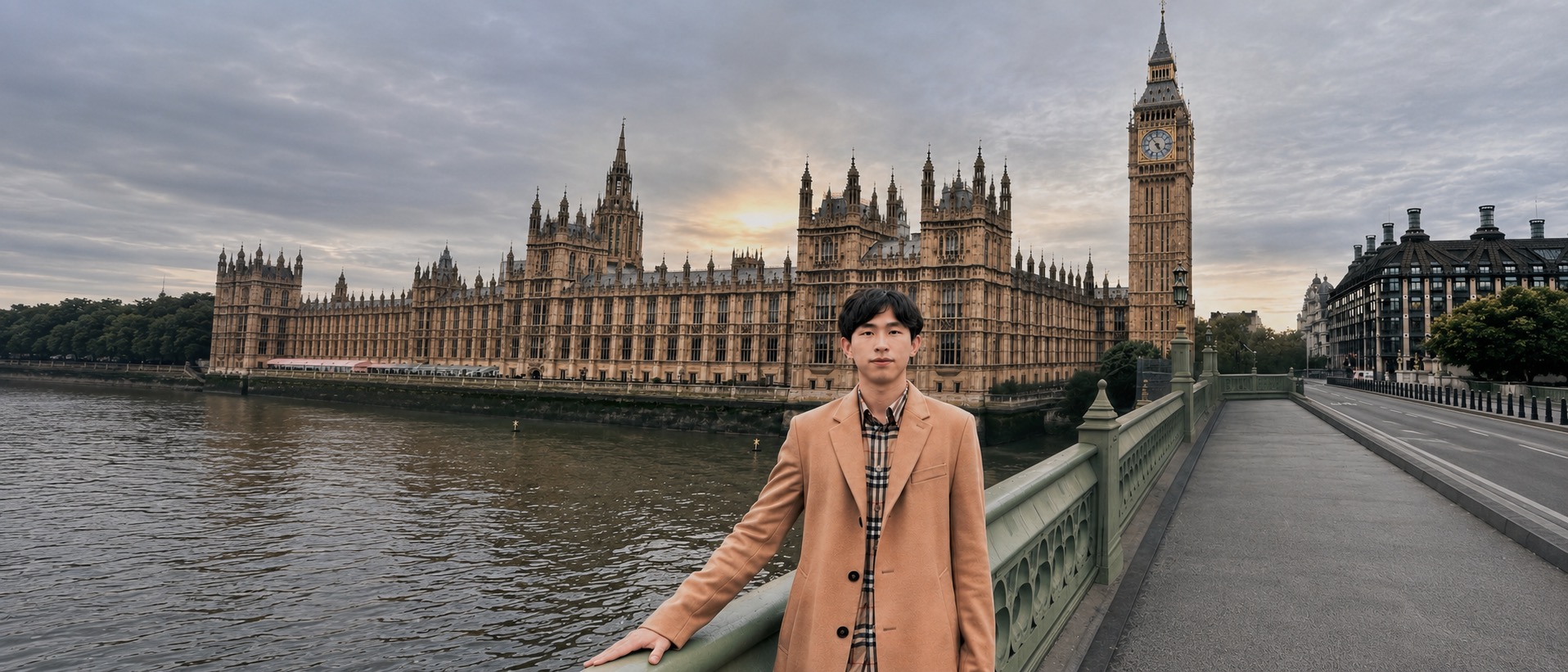 Shuchen Sun in front of the Palace of Westminster in London